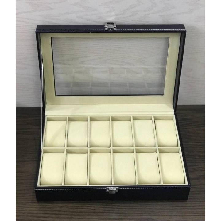 12 Slot Wrist Watches Storage Box - Black Leather Watch Display Box