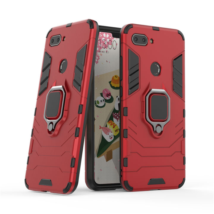 For Xiaomi Mi 8 Lite Case, Silicone TPU and Hard PC Luxury Armor Shockproof Metal Ring Holder Cover Phone Casing
