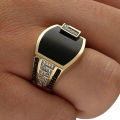 Classic Men Ring Fashion Metal Gold Color Inlaid Black Stone Zircon Punk Rings for Men Engagement Wedding Jewelry. 