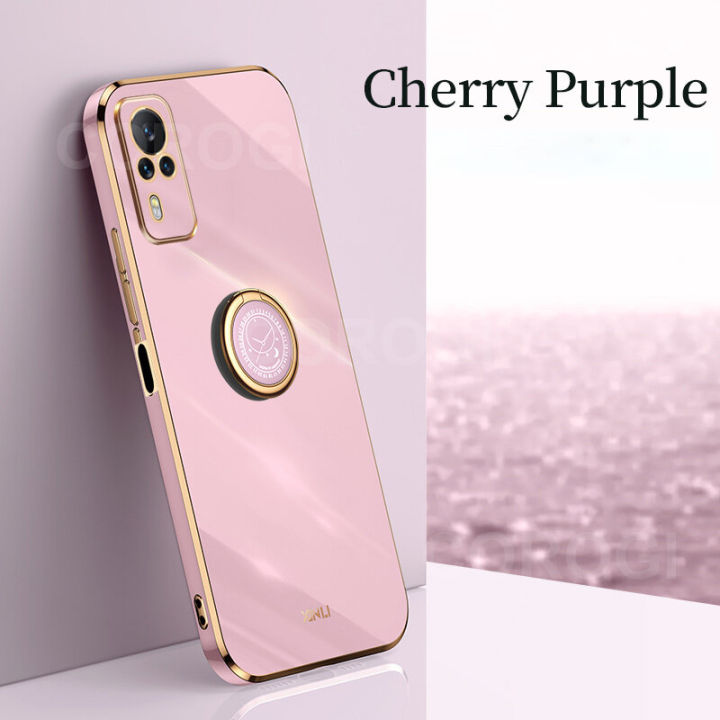 For Vivo Y53s Y51s Y31 Back Cover with Ring Holder Stand Luxury 6D Plating Square Frame Shiny Case Camera Lens Protection Soft Silicone Mobile Phone Cases