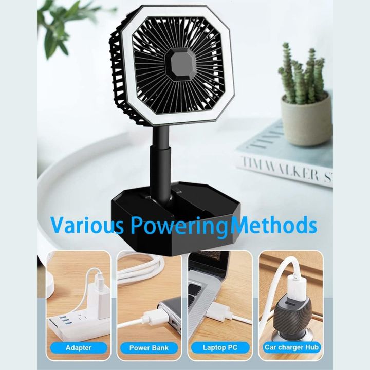 USB Rechargeable Electric Table Fan LED Light Folding Small Multi-function Fan Stand Mini Desk Fan Electric Telescopic Fan Portable Storage and Stretch Height Foldable on The Table Standing on The Floor Support Charging