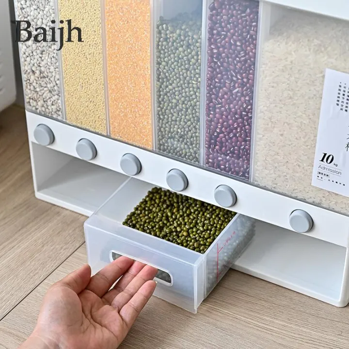 Rack For Rice 10KG Wall Mounted Divided Rice Dispenser Cereal Storage Tank 6 Moisture ...