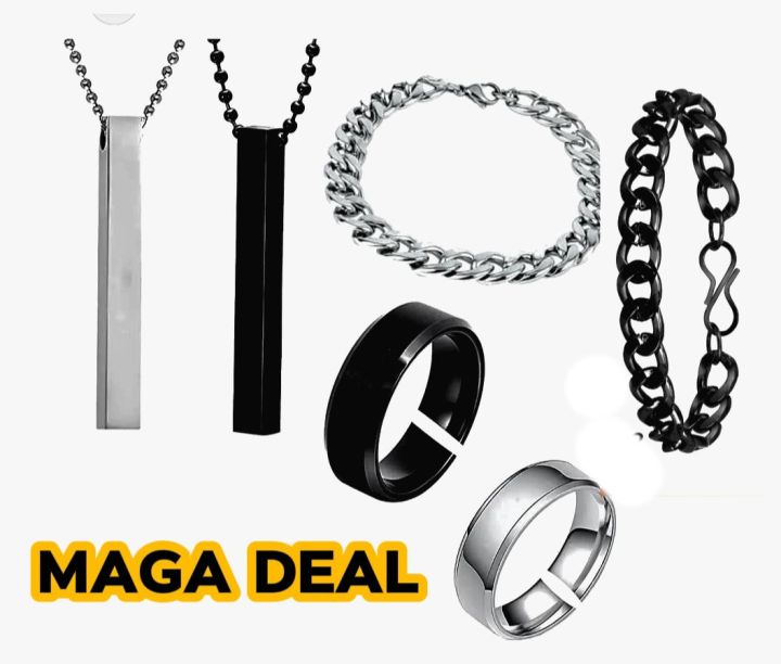 PACK OF 3 MEGA DEAL FASHION STAINLESS STEEL | BLACK 3D-BAR STICK LOCKET + TITANIUM RING + CUBAN LINK CHAIN BRACELET FOR BOYS AND GIRLS | TRENDY JEWELRY SET FOR MEN AND WOMEN