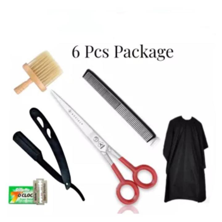 Professional Stainless Steel Home Hair Cutting Scissors 6 Pcs Set Including Scissor, Razor, Apron, Hair Cleaning Brush, Comb and Blades Hair Accessories for Men and Women Hairdresser Home, Barber Hairdressing Supplies Tools