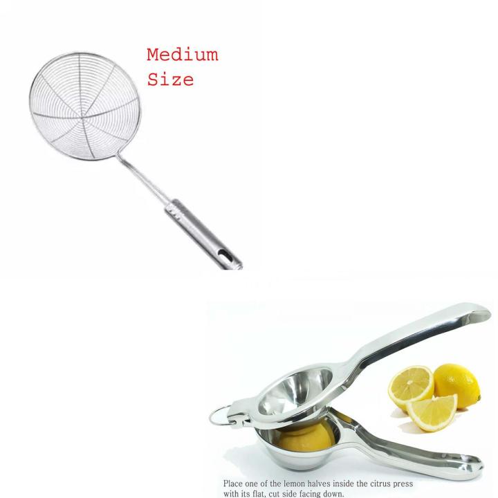 (Deal 2 in 1) Lemon Squeezer stainless steel + Fry pakora Strainer Stainless Steel Spider shape (Medium Size 16CM)