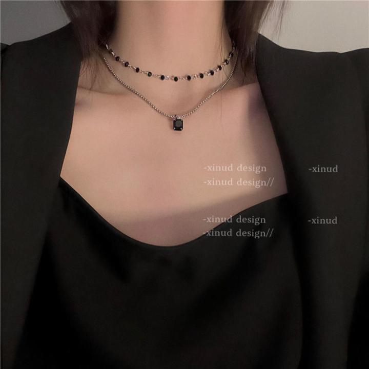 Double layered black diamond necklace ins style new simple light luxury high-end collarbone chain necklace