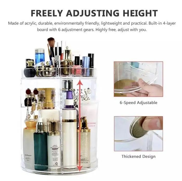 360 Degree Rotating Makeup Storage Rack Height Adjustable Cosmetics Organizer Assembly Skin Care Holder Bathroom Display Case