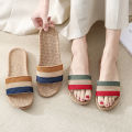 Linen Slippers Women's Summer Indoor and Outdoor Home Floor Non-Slip Office Slippers Home Cute Colorful Striped Slippers. 