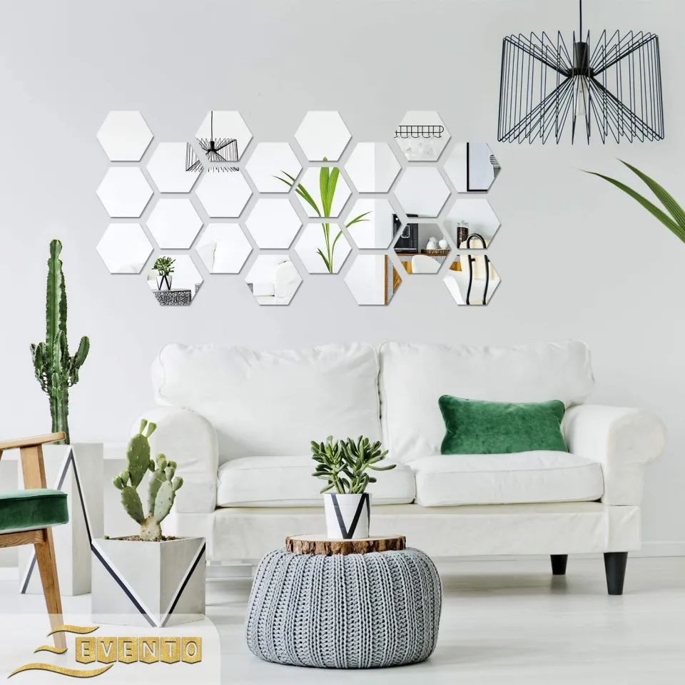 Evento Silver Acrylic Mirror Hexagon 3d Wall Sticker Sets Decore