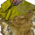 Unstitched Bridal Partywear 3-Piece Suit - Kataan Silk with Mirror Work and Golden Net Dupatta Customized. 