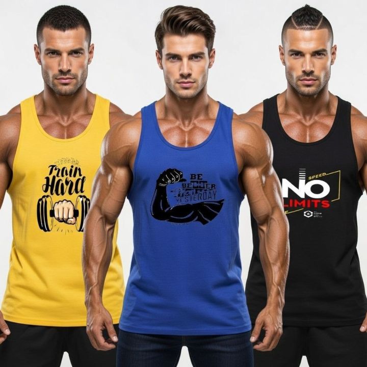 Clothing pack of 3 & 2 Avalible gym sando tanks fitness wear, Sleeveless • Made of cozy jersey fabric for both exercise and style. • Great for gym  fashion for men's