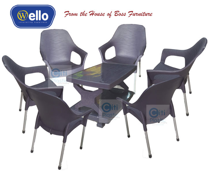 WELLO (BOSS) Set Of 6 Plastic Chairs And Plastic Table -  Dark Grey