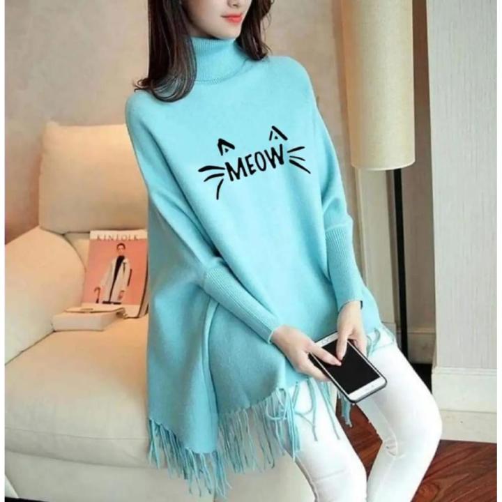 MK Fashion , Women's Korean Style Meow Printed Winter Fleece Shoal Poncho For Girls