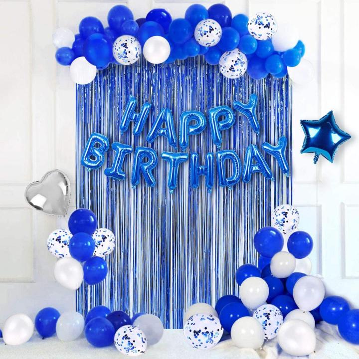 Happy Blue Birthday Decoration Set (Including Birthday Foil + 30 Balloons +1 pc Curtains + Confetti Balloons+ 1 pc stars & 1 pc Heart )Party Items Birthday Themes -Birthday Decoration -Birthday Theme For Boy/Girl -Birthday Accessories & Party Celebrations