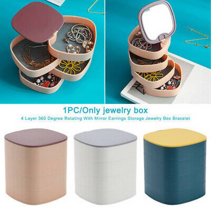 4-Layer Jewelry Box with Mirror, 360 Degree Rotatable Jewelry Organizer with Lid, Cylindrical Storage Case