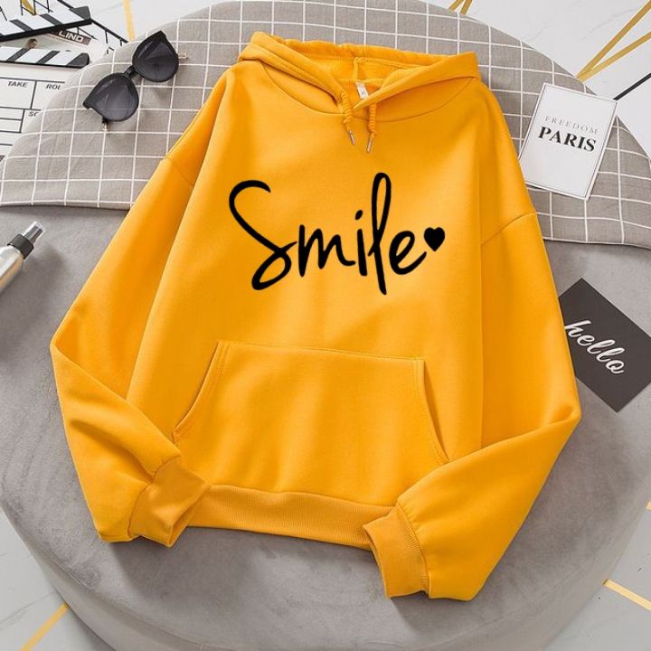 New Design SMILE Printed Fleece Winter Hoodie for Woman and Girls Pullover Comfortable Wear all Colors available