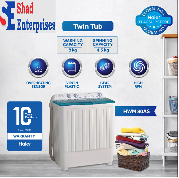 Haier HWM-80-AS Semi Auto Twin Tub Washing Machine - 8 Kg - White & Green HWM 80-AS