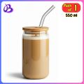 Premium Transparent Round Drinking Glass Tumbler with Bamboo Lid And Glass Straw 540ML. 