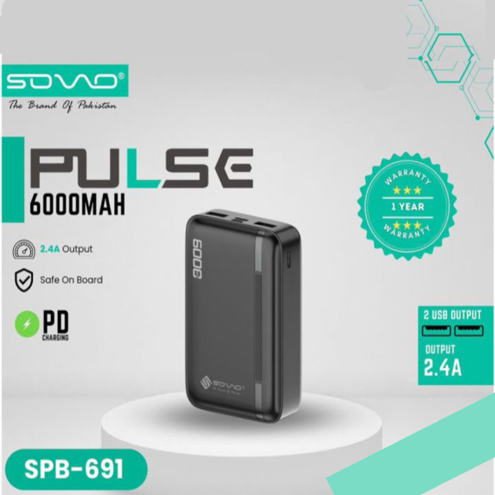 SOVO SPB-691 6000mAh Portable Power Bank | Pocket Sized Powerbank With PD USB-C Port & LED Indicator