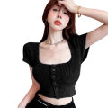 Women's Summer Knit Crop Tops, Solid Ribbed Square Neck Short Sleeve Button Slim Show Navel T-Shirts. 