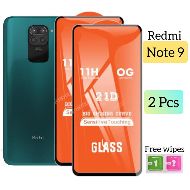 Pack of 02 - Redmi Note 9 - 100% Original Full coverage Tempered Glass screen Protector- Full Glue- with Cleaning Wipes