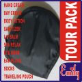 EMILY 10 IN 1 TOUR PACK FOR TRAVELERS, TRAVELING KIT, IMPORTED EYE MASK, SLEEPING MASK, EAR PLUGS, SOCKS PAIR, HAND CREAM, DAY CREAM, BODY LOTION, HAND SANITIZER, LIP BALM AND SPA RELAXING TUBE IN TRAVELING POUCH. 