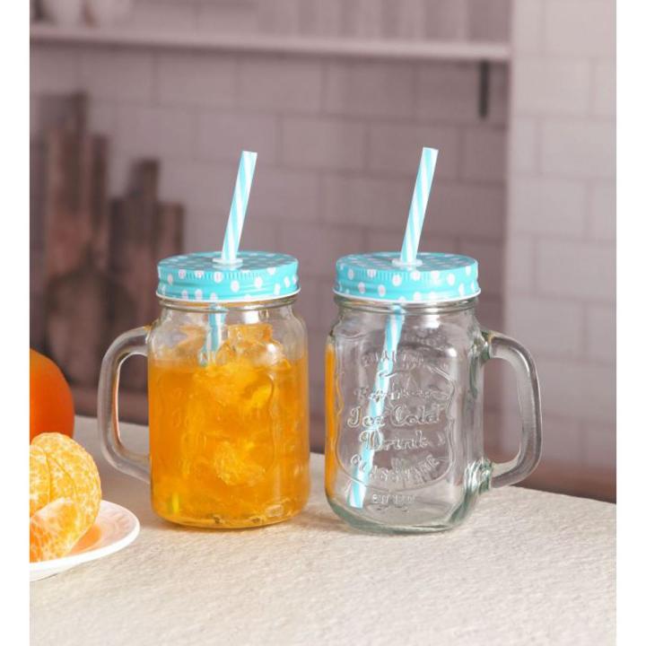 Mason Jar 500ml Glass Mug With Handle & Straw -  1 Pc