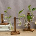 Hydroponic Plant Vases Vintage Flower Pot Transparent Vase Wooden Frame Glass Tabletop Plants Home Bonsai Decor Home Vase. 