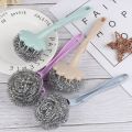 New Selling Flower Shape Steel Wire Ball Brush Long Handle Metal Scouring Pad Kitchen Bathroom. 