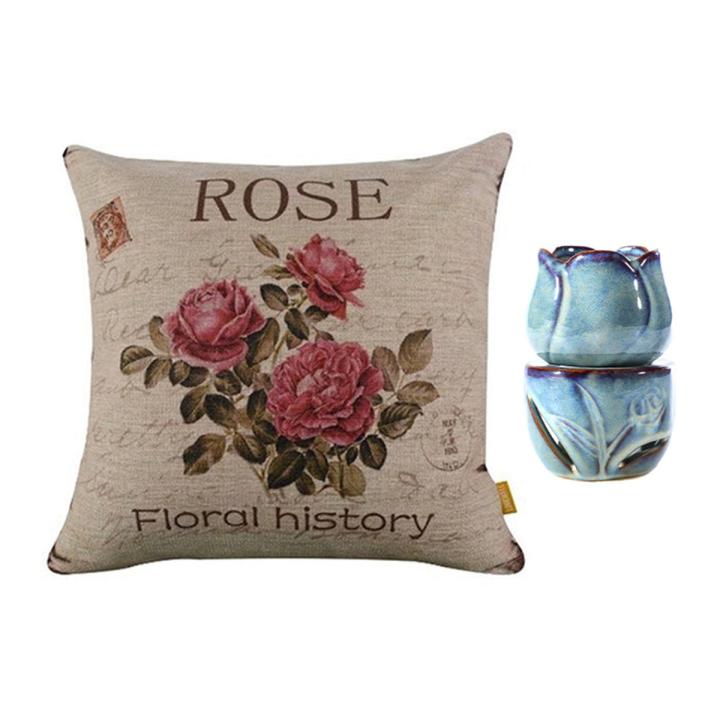 Vintage Floral/Flower Flax Decorative Throw Pillow Case with ​Aromatherapy Furnace Candle Lamp Decoration