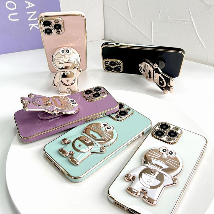 TA for Huawei P20 Pro Back Cover Cute Doraemon Folding Bracket Luxury 6D Plating Case Soft Silicone Square Phone Cases for Girls