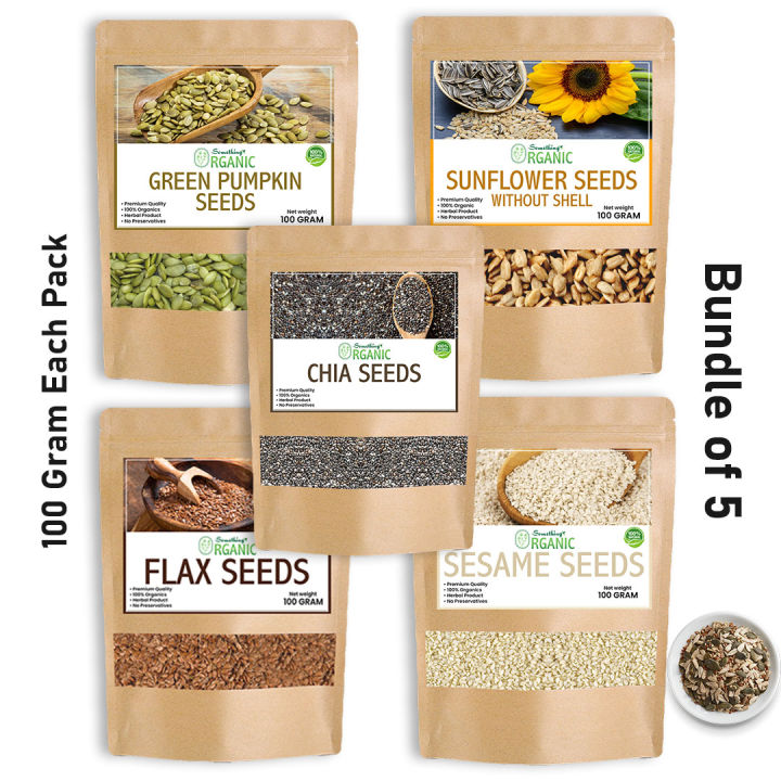 Bundle Of 5 Green Pumpkin Seeds Without Shell | Sunflower Seeds Without Shell | Flexseeds | White Sesame Seeds | Chia Seeds PCOS Seeds Cyling Kit