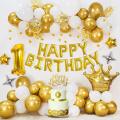 White & Golden Happy Birthday Decoration Theme Set 1 Happy Birthday Foil ,30 Pcs Balloons , 5 Confetti Balloons ,1 Golden Foil Crown  Boys Birthday Supplies. 