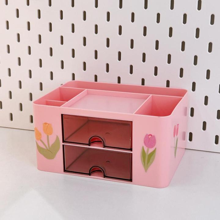Box With Sticker Student Office Desk Decoration Pen Holder With Drawer Multifunction Desktop Organizer Stationery Storage