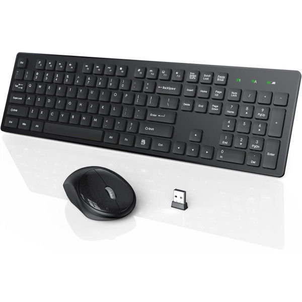 Wireless Keyboard And Mouse, WisFox USB Computer Keyboard With Silent Keys, Long Battery Life, 2.4GHz Full-Size Lag-Free Cordless Combo For PC Laptops Windows Mac Chrome OS (Black)
