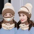 3 in 1 Winter Knitted Beanie Hat Face Neck Warmer Set for Women Girls Fleece Lining Ski Caps with Pompom. 