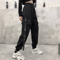 Women Men Cargo Pants Chain Pockets Ankle Trousers High Waist Chain Hip-hop Punk Black Harem Pants Streetwear. 
