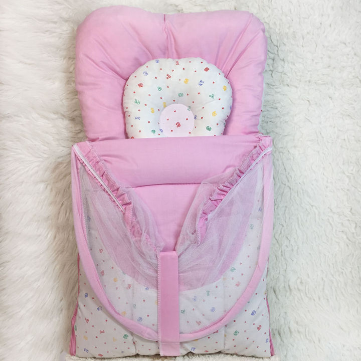 High Quality White Super Soft Baby Sleeping Bag with Foldable Mosquito Net Carry Bag 2 in 1 with Headshaper Pillow Carry Nest Cotton Safety Crib 0-1 Year Infant Portable Baby Cots Crib Headshaper - baby bistar gaddi bed accessories for baby infant newborn