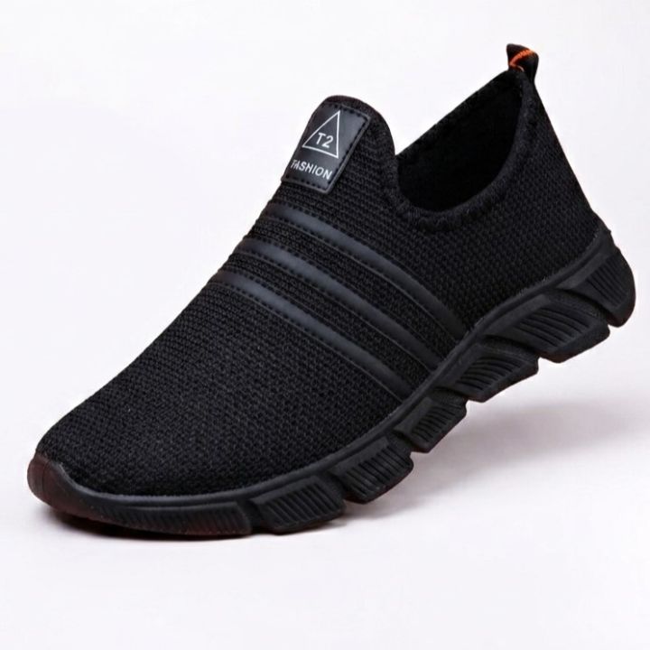 Casual Knit Slip-On Loafers for Men in Black/Black with Textured Details - Comfortable Fashion Sneakers gym running walking