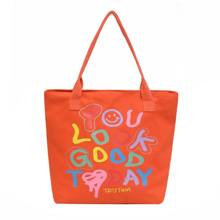 Yfashion Women Canvas Tote Bag Trendy Rainbow Letters Printing ple Casual Shoulder Bag
