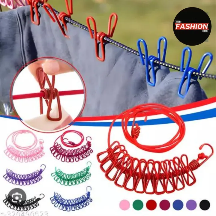 Hanging Roop Clothesline Rope Elastic Cloth Drying Hanging Rope with 12 Clips and 2 ...