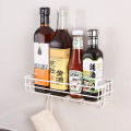 Premium Metal Shelf with 6 Hooks - Wall-Mounted Storage Organizer for Room and Bathroom, Sticky Hooks, Spice Rack, Shower Shampoo Holder, Bathroom Corner Frame, Corner Shower Shelf, Iron Shelf Stand - Black/White. 