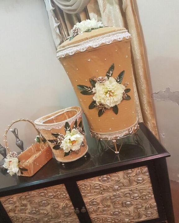 Skin-Lawndry Box Stand Dustbin Small Basket Handle Flowers Lace Pearls Valvet -Basket Set-Girls-Aa3