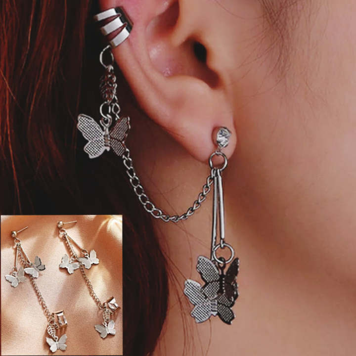 Pair%20Of%20Ear%20Cuff%20Butterfly%20Long%208%20cm%20Chain%20Pin%20Tassel%20Earrings%20For%20Girls%20&%20Women%20-%20Image%202