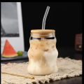 Ribbed & Round Glass Sipper with Glass Straw, Tumbler Can Lid Ribbed Square Glass Mug with Straw, Mason Jars With Cover, Mug for Fruit Juice Milk & Coffee Mug.. 