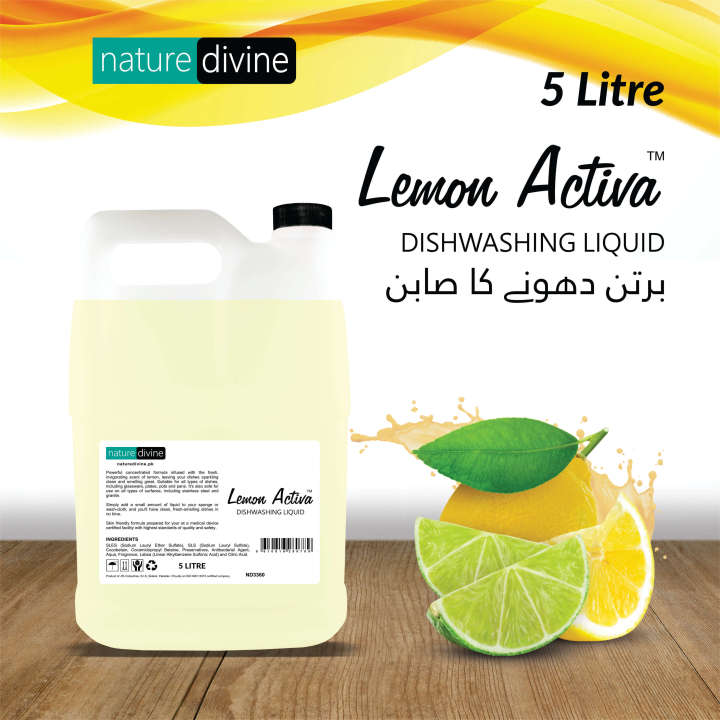 Nature Divine - Lemon Activa Dishwashing Liquid, Kitchen Cleaner and Dish Wash Refill Pack 5 Litre