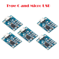 Pack of 5 TP 4056 Charging Module 1A 18650 Lithium Battery Charger Module Micro USB and Type C With Battery Protection BMS - 3.7V. 