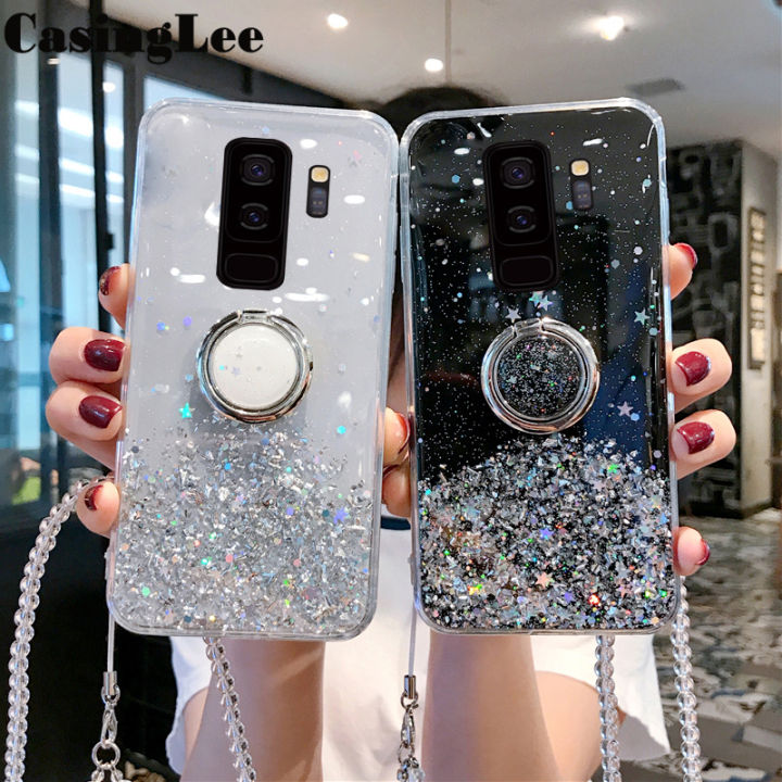 Casinglee for Samsung Galaxy S9 Plus case Shiny Ring Glitter Soft Transparent Holder Stand Back cover with String for Samsung S9 Plus Phone cases cover Stars Moon Girls