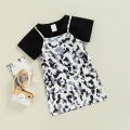 Kids Girls Dress Set, Camouflage Print Sling Dress with Short Sleeve Crop Top Summer Casual Outfit. 