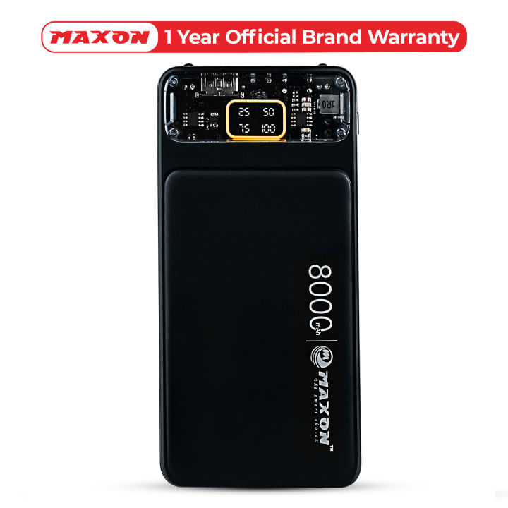 Maxon M-08 8000mAh Powerbank- 2.1A Charger  With Flashlight- USB Output- Dual Input (Type C &  Micro)- For All Mobile Phones- Portable External Battery- Digital Display Power Bank